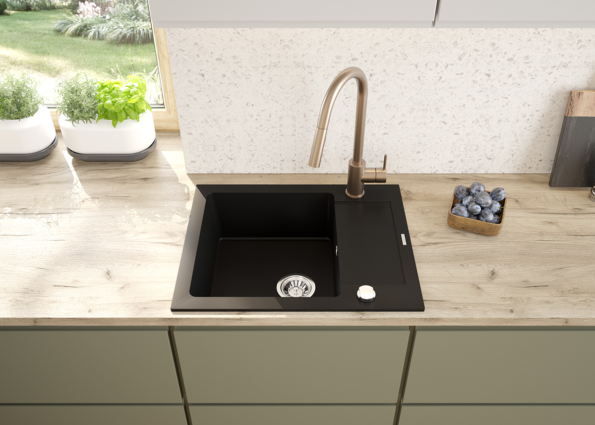 Oltens Gravan one-bowl granite sink with a short drainer 62x50 cm black matt 72102300