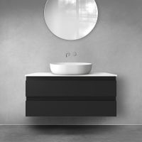 Oltens Vernal Waschbeckenunterschrank wandhängend 100 cm mit Waschbeckenplatte schwarz matt/weiß glänzend 68123300