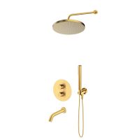 Oltens Katla-Set: Thermostat-Unterputzarmatur mit Badewannenauslauf „Molle“, 25 cm großer Regenbrauseaufsatz „Pluva“ und Handbrause „Ume“ in gebürstetem Gold, Art.-Nr. 36641810