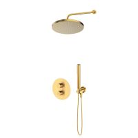 Oltens Katla-Set: Thermostat-Unterputzarmatur mit 25-cm-Regendusche „Pluva“ und Handbrause „Ume“ in gebürstetem Gold 36647810