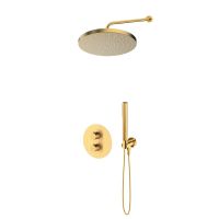 Oltens Katla-Set: Thermostat-Unterputzarmatur mit 30-cm-Alvo-Regendusche und Ume-Handbrause in gebürstetem Gold 36648810