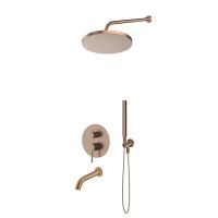 Oltens Molle-Set: Unterputzarmatur mit Wannenauslauf, 25 cm Pluva-Regenduschkopf und Ume-Handbrause, gebürstetes Kupfer, 36652610