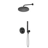 Zestaw Oltens Onega bateria wannowo-prysznicowa podtynkowa termostatyczna z deszczownicą 25 cm Pluva i kompletem prysznicowym Ume czarny mat 36655300