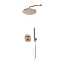 Zestaw Oltens Onega bateria wannowo-prysznicowa podtynkowa termostatyczna z deszczownicą 25 cm Pluva i kompletem prysznicowym Ume miedź szczotkowana 36655610