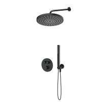 Zestaw Oltens Onega bateria wannowo-prysznicowa podtynkowa termostatyczna z deszczownicą 30 cm Alvo i kompletem prysznicowym Ume czarny mat 36656300