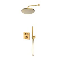 Zestaw Oltens Onega (S) bateria wannowo-prysznicowa podtynkowa termostatyczna z deszczownicą 25 cm Pluva i kompletem prysznicowym Ume złoto szczotkowane 36657810