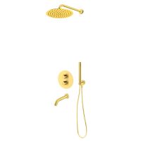 Zestaw Oltens Katla bateria podtynkowa termostatyczna z wylewką wannową Molle z deszczownicą 30 cm Vindel i kompletem prysznicowym Ume złoto szczotkowane 36611810