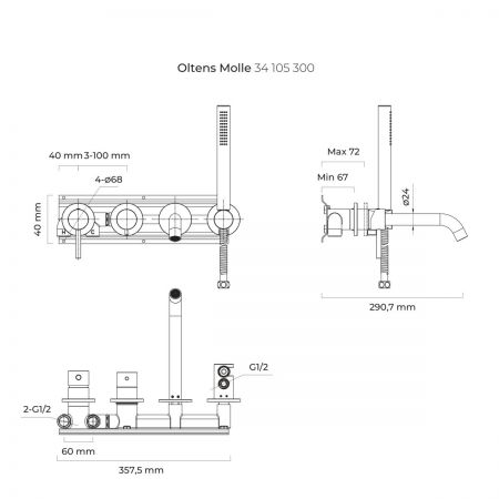 Oltens Molle flush mounted bathtub and shower mixer, 4-channel matt black 34105300