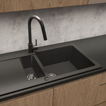 Oltens Gravan 1.5-Kammer-Granitspüle mit Abtropffläche 100x50 cm mattschwarz 72300300