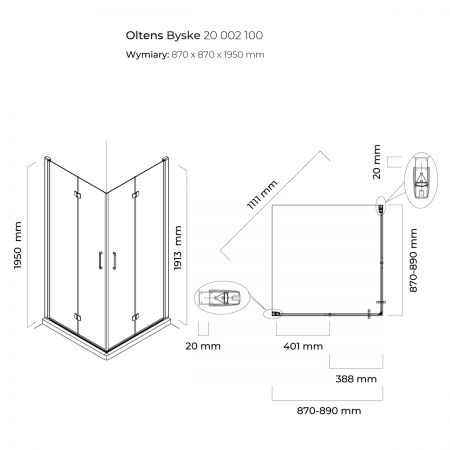 Oltens Byske kabina prysznicowa 90x90 cm kwadratowa 20002100