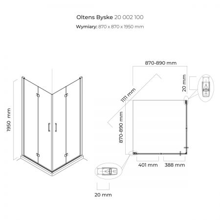 Oltens Byske kabina prysznicowa 90x90 cm kwadratowa chrom połysk/szkło przezroczyste 20002100