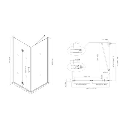 Oltens Hallan shower enclosure 100x100 cm square door with a fixed wall matte black/transparent glass 20009300