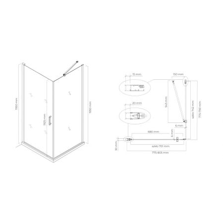 Oltens Rinnan shower enclosure 80x80 cm square door with a fixed wall matte black/transparent glass 20013300