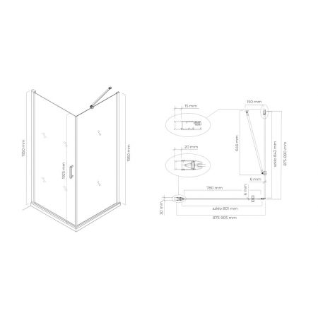 Oltens Rinnan shower enclosure 90x90 cm square door with a fixed wall matte black/transparent glass 20014300