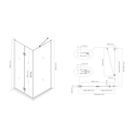 Oltens Hallan shower enclosure 80x90 cm rectangular door with a fixed wall matte black/transparent glass 20200300