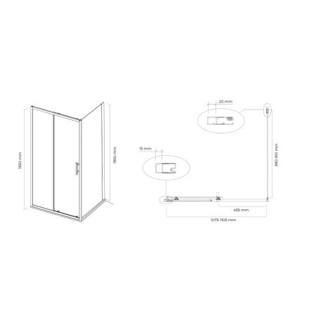 Oltens Fulla shower cabin 110x90 cm rectangular door with a fixed wall 20208100