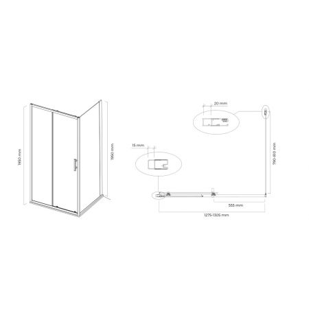 Oltens Fulla shower cabin 130x80 cm rectangular door with a fixed wall 20209100