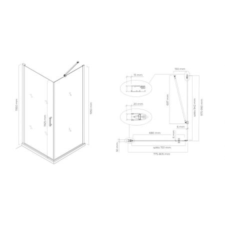 Oltens Rinnan Duschkabine 80x100 cm rechteckig Tür mit Wand schwarz matt/transparentes Glas 20215300