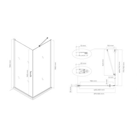 Oltens Rinnan shower enclosure 90x80 cm rectangular door with a fixed wall matte black/transparent glass 20216300