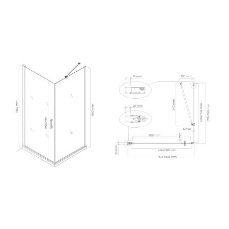 Oltens Rinnan shower enclosure 100x80 cm rectangular door with a fixed wall matte black/transparent glass 20218300