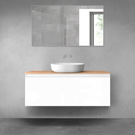 Oltens Vernal Waschbeckenunterschrank wandhängend 120 cm mit Waschbeckenplatte weiß glänzend/Eiche 68106000