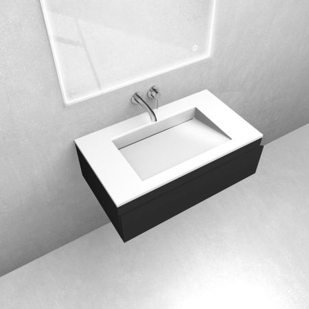 Oltens Vernal-Set: 80 cm breiter Waschtischunterschrank mit Stila LavaForm-Waschbecken in Mattschwarz/Hochglanzweiß 68810300