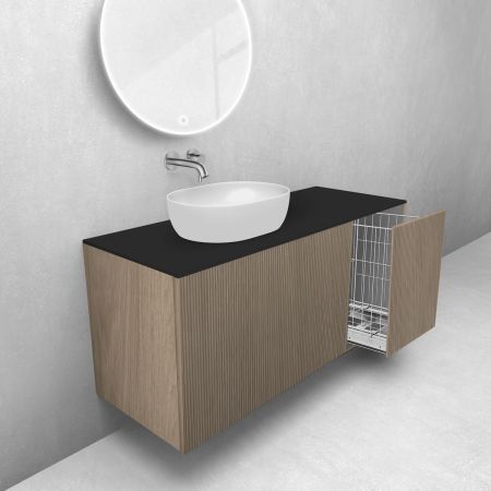 Oltens Lun Rila zestaw mebli łazienkowych 120 cm ryflowany z blatem i koszem cargo dąb/czarny mat 68891060
