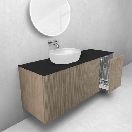 Oltens Lun Rila zestaw mebli łazienkowych 140 cm ryflowany z blatem i koszem cargo dąb/czarny mat 68893060
