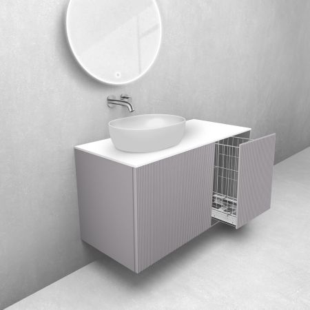 Oltens Lun Rila zestaw mebli łazienkowych 100 cm ryflowany z blatem i koszem cargo kaszmir/biały mat 68931900