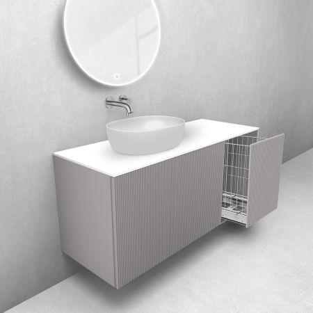 Oltens Lun Rila zestaw mebli łazienkowych 120 cm ryflowany z blatem i koszem cargo kaszmir/biały mat 68933900