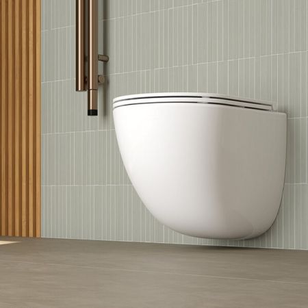 Set of Oltens Hamnes OneForm Stille wall-mounted PureRim WC bowl with SmartClean coating and the Ovan Slim soft close toilet seat, white 42549000
