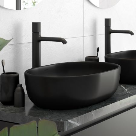 Oltens Hamnes Aufsatzwaschbecken 49x39,5 cm oval mit SmartClean-Schicht schwarz matt 40800300