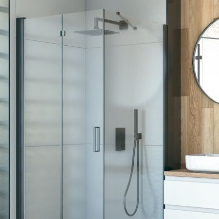 Oltens Hallan shower enclosure 90x100 cm rectangular door with a fixed wall matte black/transparent glass 20203300