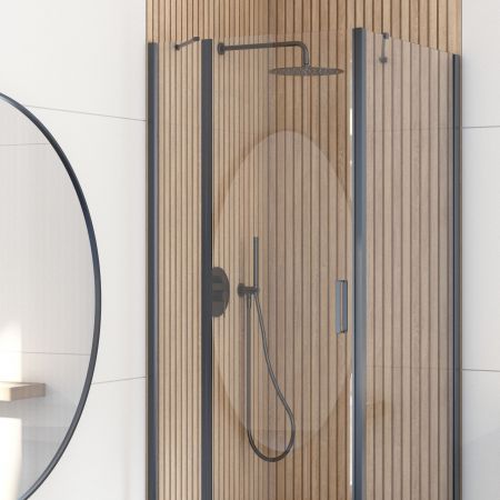 Oltens Hallan shower enclosure 100x80 cm rectangular door with a fixed wall matte black/transparent glass 20204300