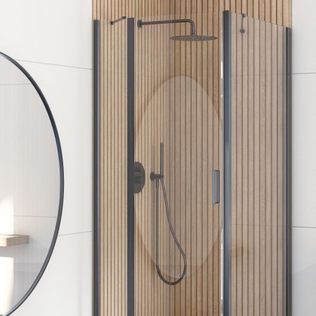 Oltens Verdal shower enclosure 100x100 cm square door with a fixed wall matte black/transparent glass 20012300