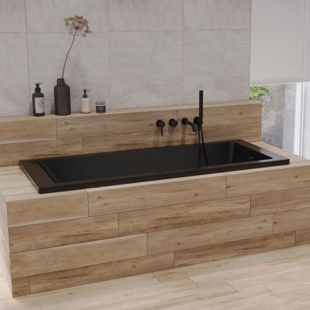 Oltens Langfoss Sela Set rechteckige Badewanne 160x70 cm Acryl schwarz matt mit Badewannenabtrennung 115 cm 2-teilig, Chrom 18002300