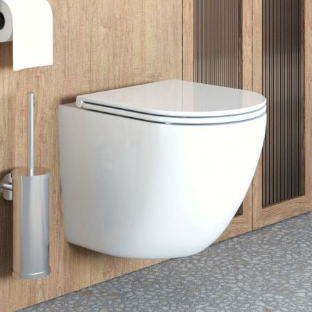 Set of Oltens Hamnes wall-mounted PureRim WC bowl with SmartClean coating and the soft close toilet seat Ovan Slim 42518000