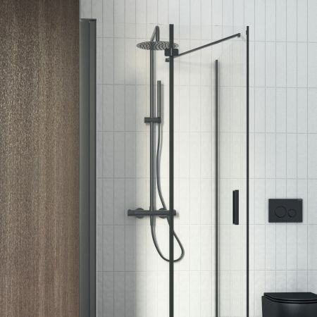 Oltens Hallan shower enclosure 90x100 cm rectangular door with a fixed wall matte black/transparent glass 20203300