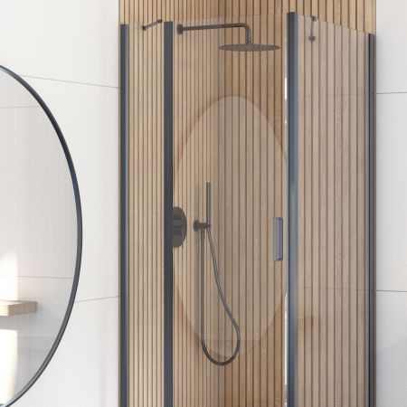 Oltens Hallan shower enclosure 100x90 cm rectangular door with a fixed wall matte black/transparent glass 20205300