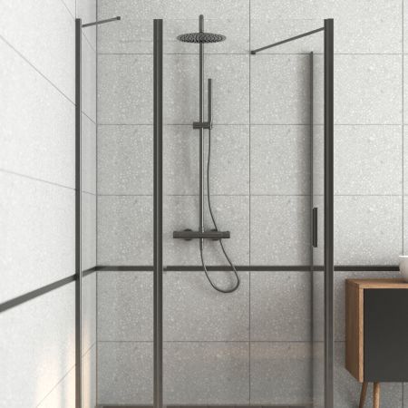 Oltens Verdal shower enclosure 120x80 cm rectangular door with a fixed wall matte black/transparent glass 20210300