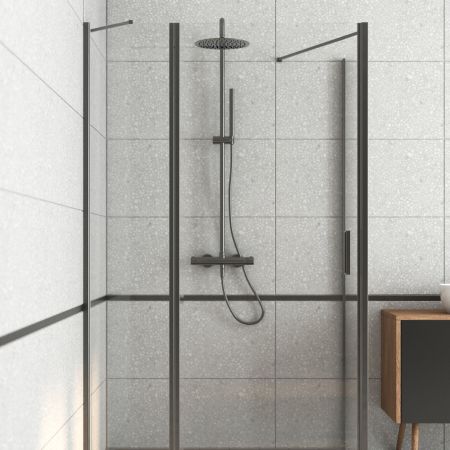Oltens Verdal shower enclosure 120x100 cm rectangular door with a fixed wall matte black/transparent glass 20214300