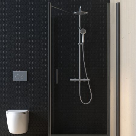 Oltens Rinnan shower enclosure 100x90 cm rectangular door with a fixed wall matte black/transparent glass 20219300