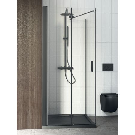 Oltens Hallan shower enclosure 80x100 cm rectangular door with a fixed wall matte black/transparent glass 20201300