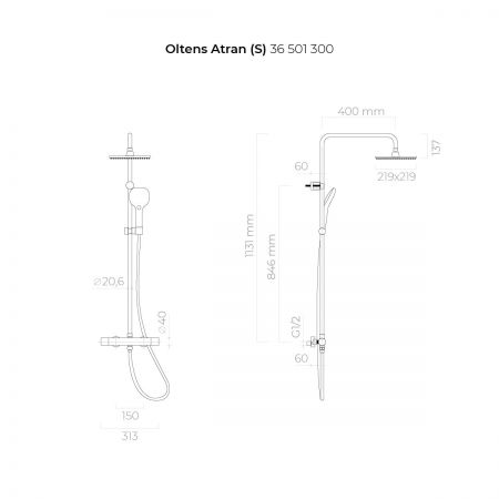Oltens Atran (S) termostatický sprchový set s hranatou hlavovou sprchou, matná černá 36501300
