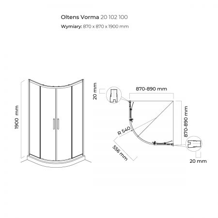 Oltens Vorma kabina prysznicowa 90x90 cm półokrągła chrom połysk/szkło przezroczyste 20102100