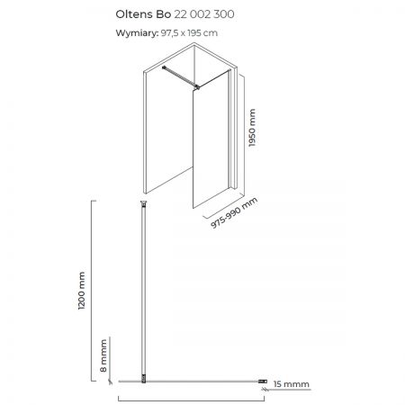 Oltens Bo Walk-In ścianka prysznicowa 100 cm czarny mat/szkło przezroczyste 22002300