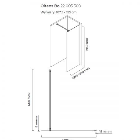 Oltens Bo Walk-In ścianka prysznicowa 110 cm czarny mat/szkło przezroczyste 22003300
