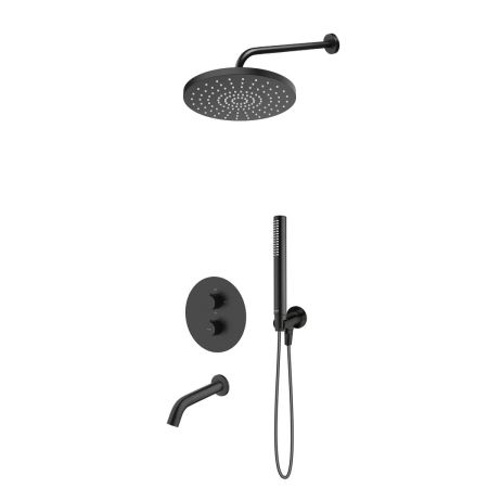 Oltens Katla set: concealed thermostatic mixer with Molle bath spout, 25 cm Pluva rain shower head and Ume hand shower, matt black 36641300