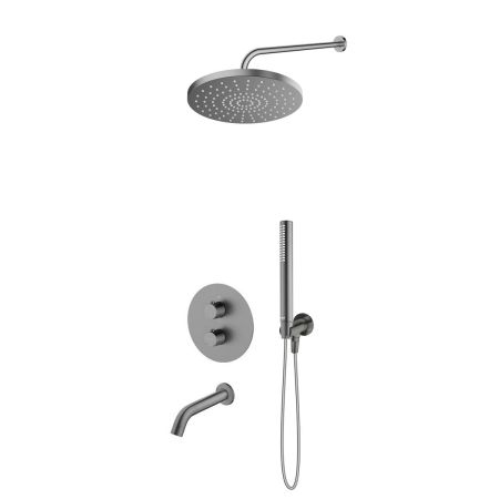 Oltens Katla set: concealed thermostatic mixer tap with Molle bath spout, 25 cm Pluva rain shower head and Ume graphite shower head 36641400