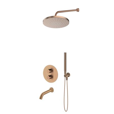 Oltens Katla-Set: Thermostat-Unterputzarmatur mit Molle-Badewannenauslauf, 25 cm Pluva-Regendusche und Ume-Handbrause, gebürstetes Kupfer, 36641610
